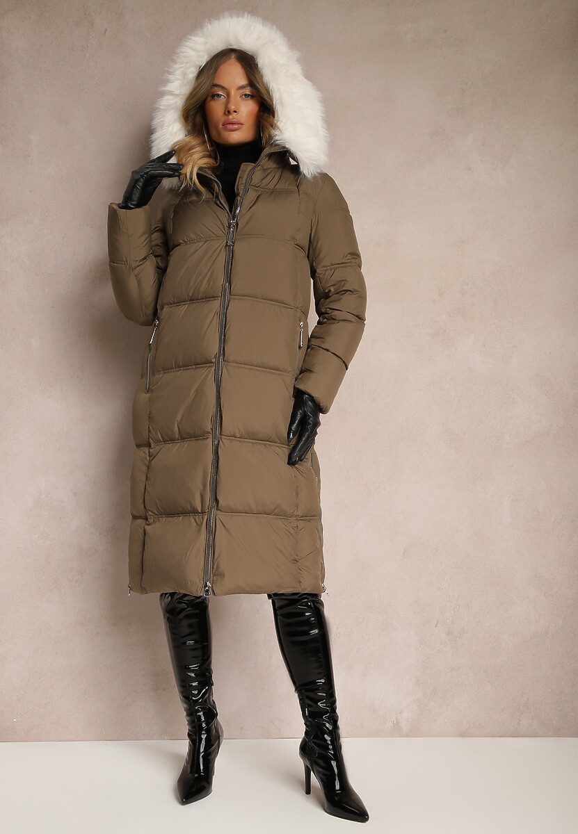 Granatowa Długa Pikowana Kurtka z Kapturem i Odpinanym Futerkiem Edariel