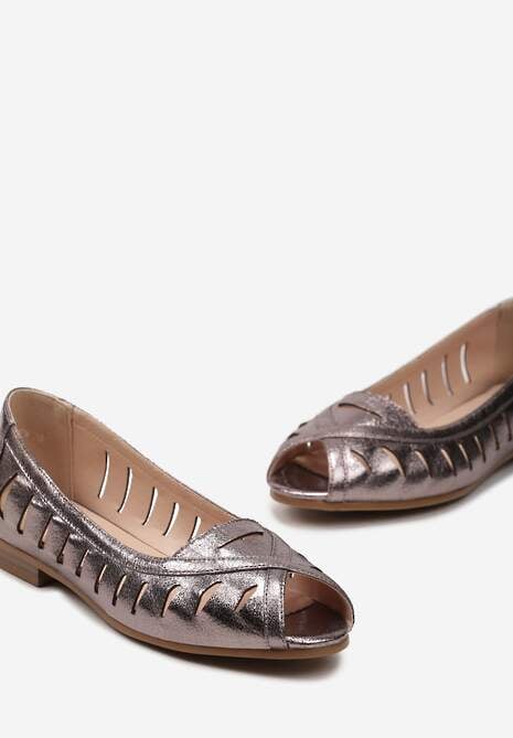 Srebrne Ażurowe Balerinki Peep Toe z Wkładką ze Skóry Naturalnej Darifna