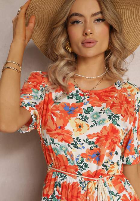 Pomarańczowa Rozkloszowana Sukienka Pudełkowa z Wiskozy Jubnon