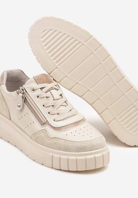 Beżowe Sneakersy ze Skóry Naturalnej z Ozdobnym Suwakiem Tilliraya