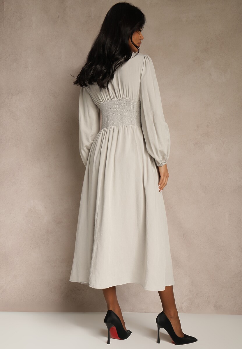 Beżowa Gorsetowa Sukienka z Wiskozą z Guzikami i Bufiastymi Rękawami Ahlite