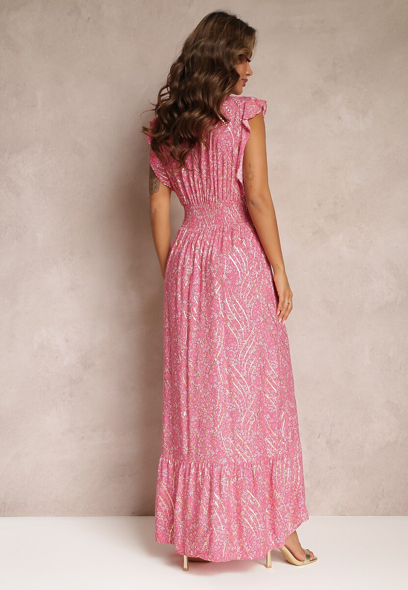 Ciemnoróżowa Sukienka Maxi z Metaliczną Aplikacją Wykonana z Wiskozy Akella