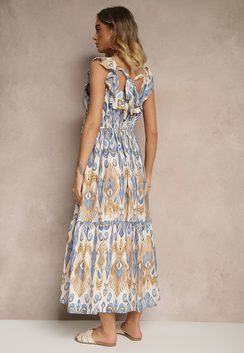 Niebieska Sukienka Rozkloszowana Wiskozowa Wiązana na Plecach we Wzór Boho Turieza