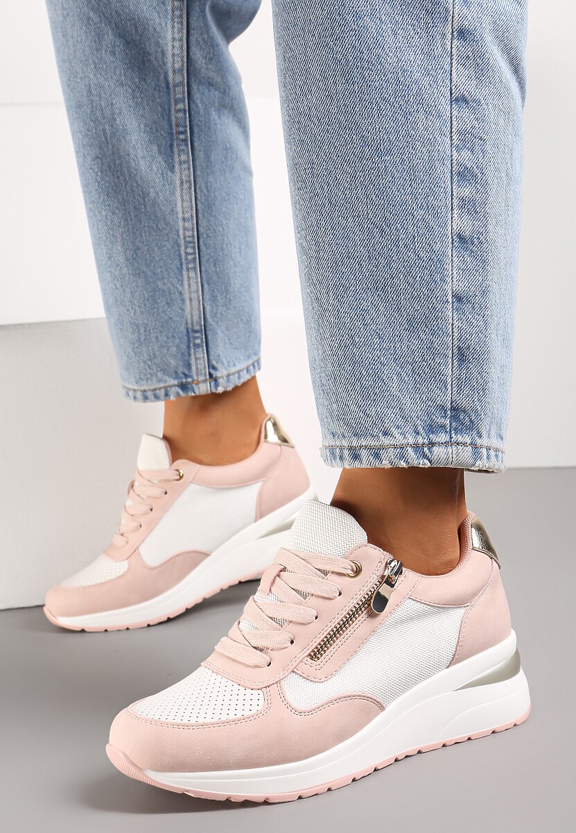 Różowe Sneakersy na Koturnie Ozdobione Krótkim Suwakiem Yurgia