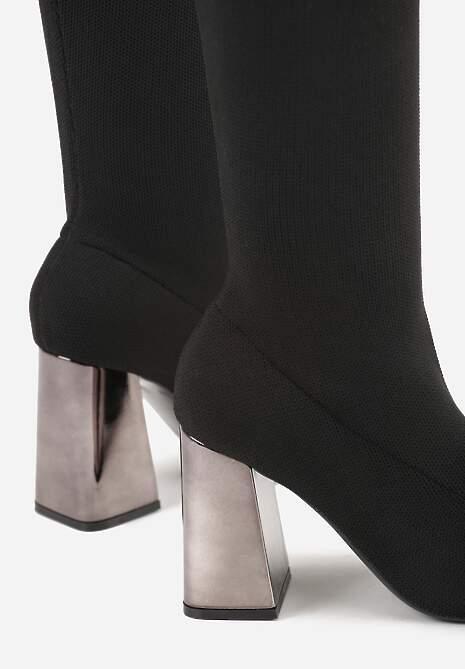 Czarne Kozaki Vices za Kolano na Metalicznym Słupku ze Skarpetkową Cholewką Neliannea