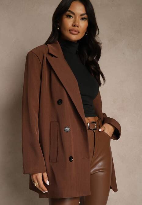 Brązowa Marynarka Dwurzędowa o Przedłużonym Fasonie Pilinne