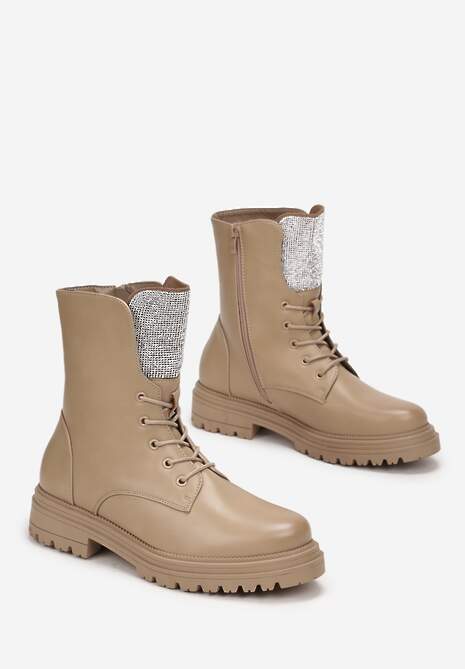 Ciemnobeżowe Botki Workery z Brokatowym Językiem Minoso