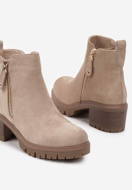 Beżowe Botki Sztyblety na Słupku Wykończone Ozdobnym Suwakiem Terillda