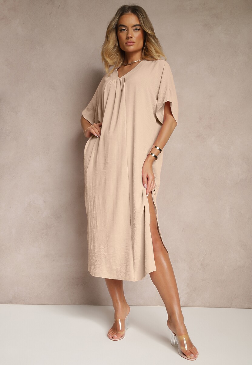 Beżowa Pudełkowa Sukienka z Bawełną i Marszczeniem Teleriela