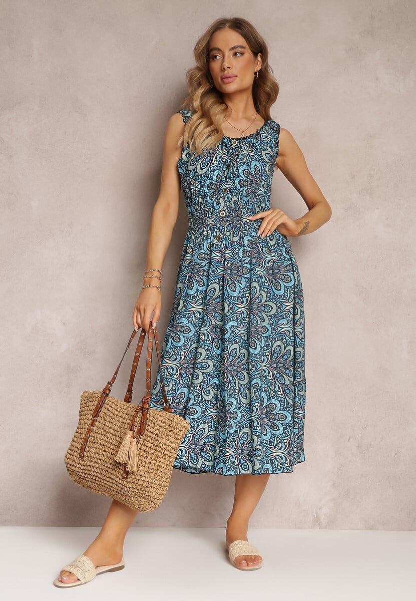 Niebieska Kwiecista Sukienka Midi z Cienkimi Gumkami w Talii i Falbankami Jallia