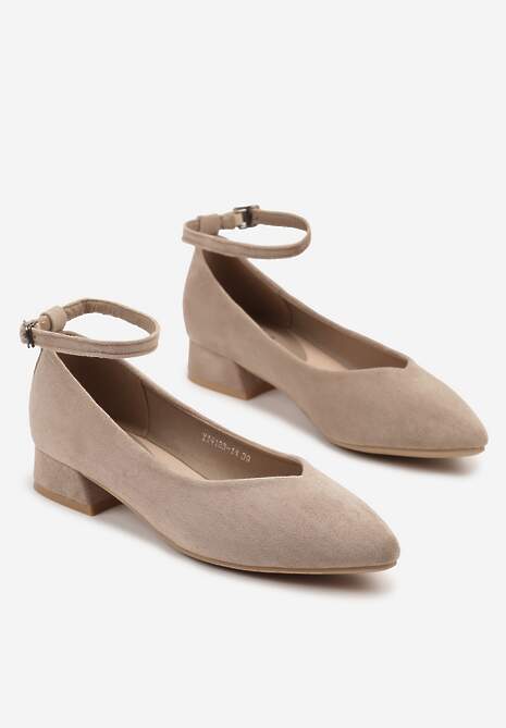 Ciemnobeżowe Czółenka na Słupku z Wkładką ze Skóry Naturalnej Ozdobione Paskiem Norzeri