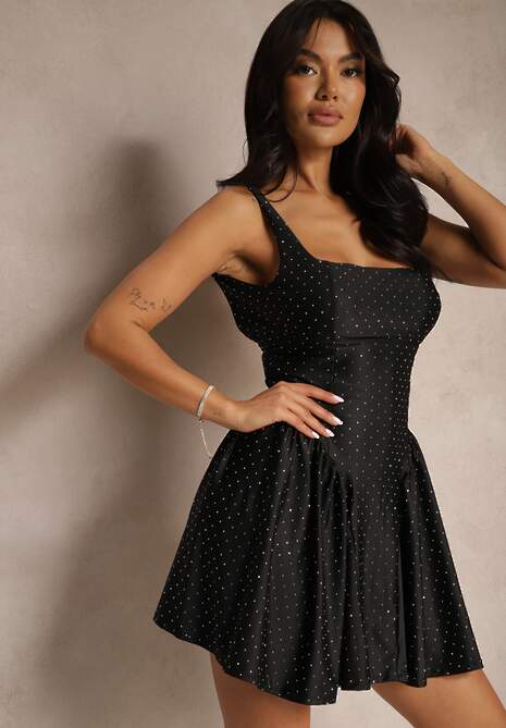 Czarna Sukienka Ozdobiona Cyrkoniami z Kokardą i Usztywnionymi Miseczkami Jesaltia