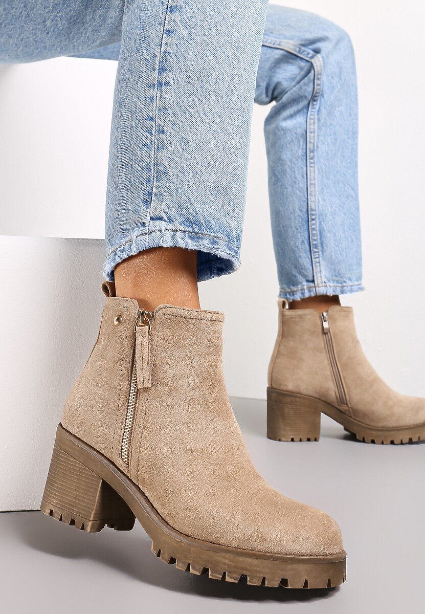 Ciemnobeżowe Botki na Słupku i Niskiej Platformie Nisunu