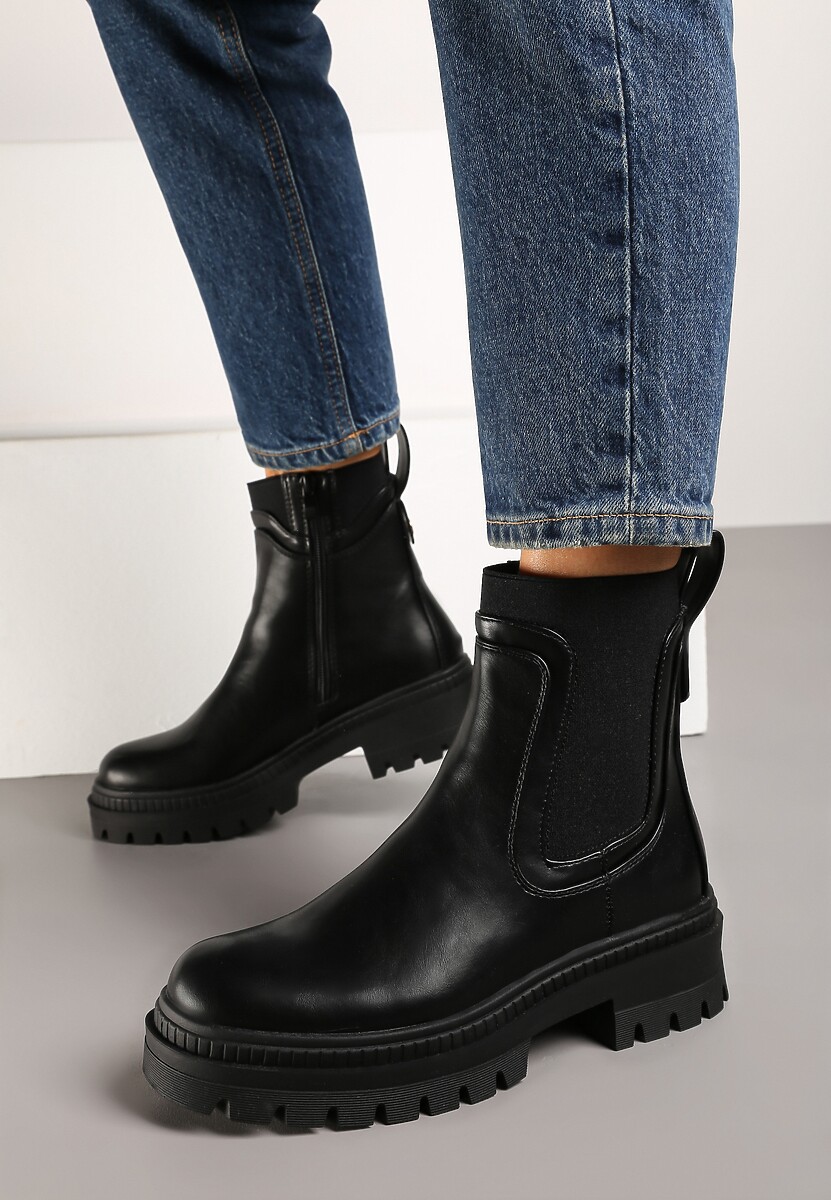 Czarne Płaskie Botki w Stylu Sztybletów z Ozdobnymi Przeszyciami Narirae