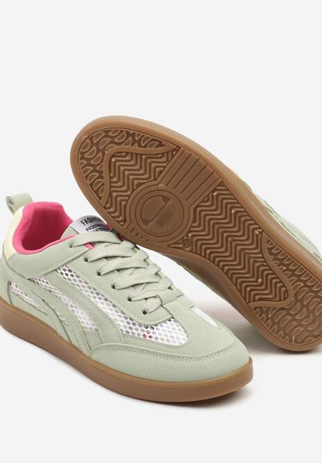 Jasnozielone Sneakersy ze Wstawkami z Siatki i Paskami na Boku Garisen