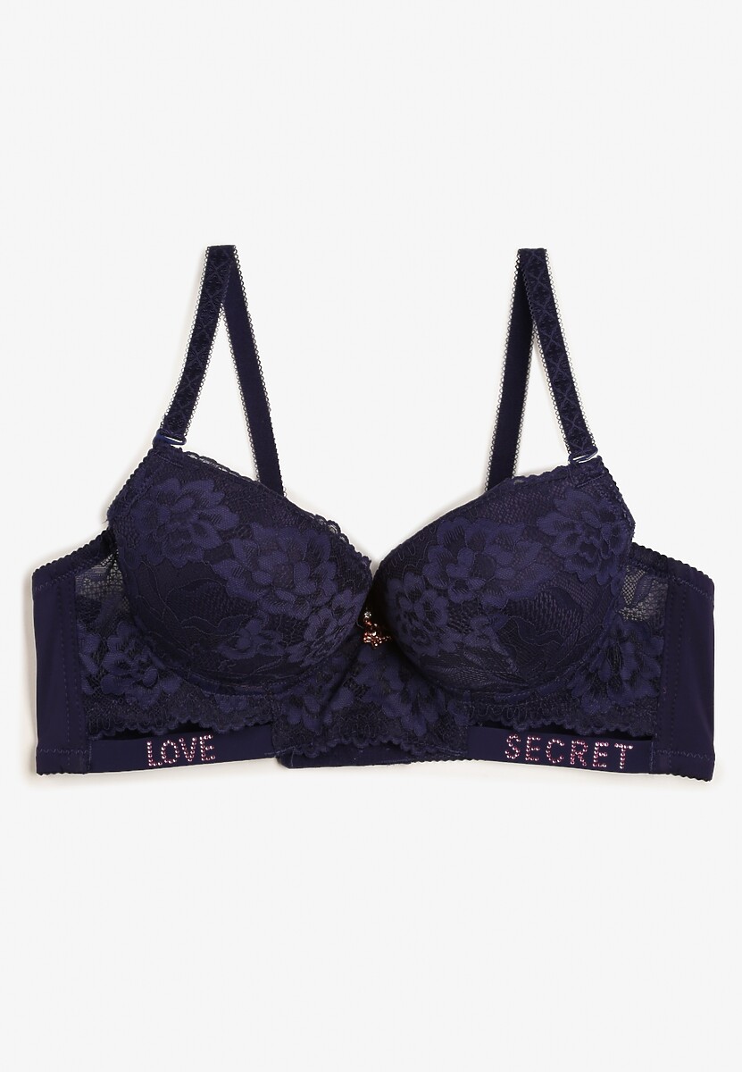 Granatowy Biustonosz Push-Up Ozdobiony Koronką i Napisami z Cekinami Elisei