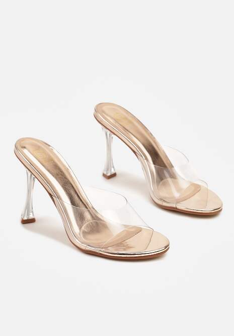 Szampańskie Klapki na Szpilce z Transparentnym Obcasem i Paskiem Korimara