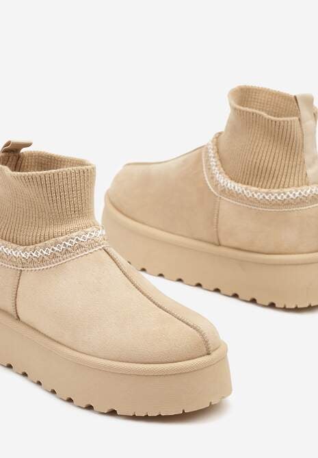 Beżowe Śniegowce na Platformie ze Skarpetową Cholewką Erevelis