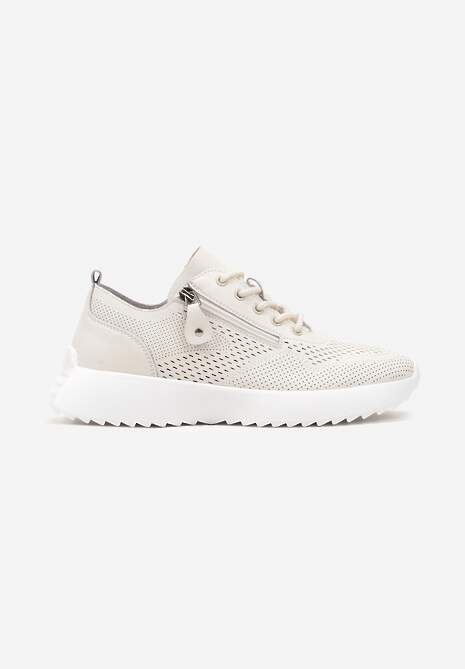 Beżowe Sneakersy Skórzane Ozdobione Suwakiem Ivelami