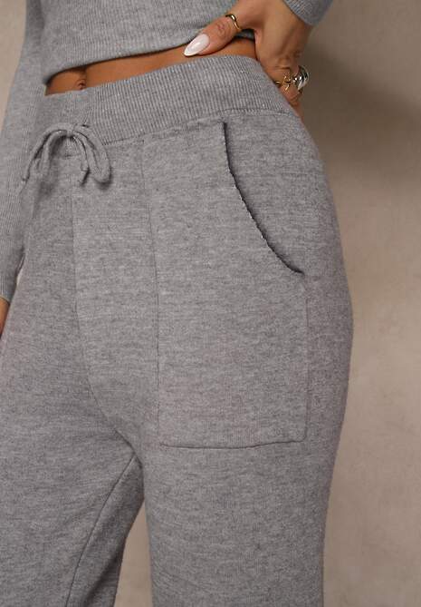 Szare Spodnie z Wełną ze Sznurkiem i Ozdobnymi Kieszeniami Moneressa