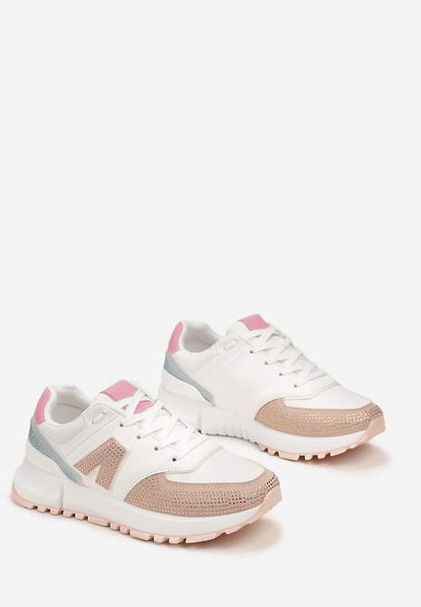 Biało-Beżowe Sneakersy Ozdobione Cyrkoniami na Podeszwie z Wycięciami Larzive