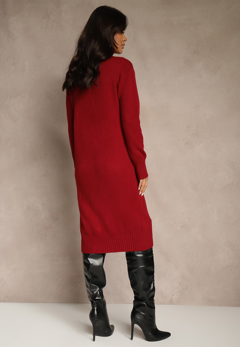 Bordowa Sweterkowa Sukienka z Bawełną i Golfem Reinaria