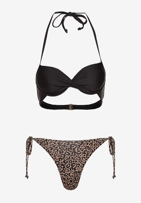 Czarno-Beżowe Wiązane Bikini Biustonosz Halter i Majtki Figi Savadine