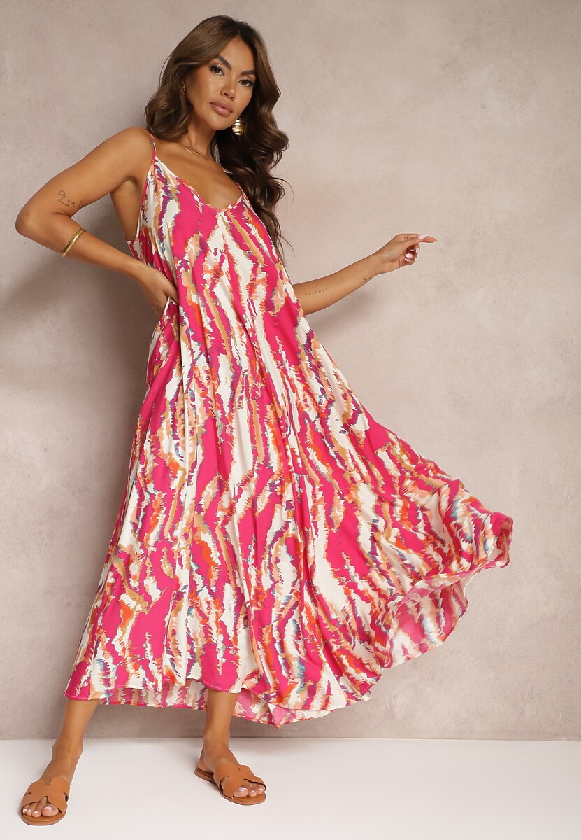 Niebieska Wiskozowa Sukienka o Rozkloszowanym Kroju na Ramiączkach Risaletti