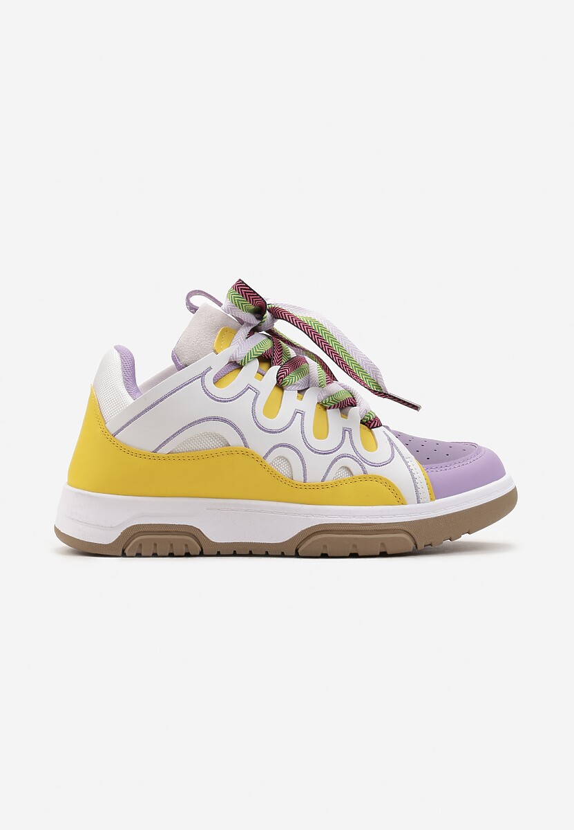 Żółto-Fioletowe Sneakersy Ozdobione Brokatem z Oryginalnym Sznurowaniem Patricie