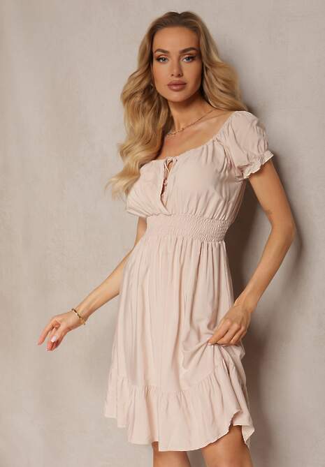 Beżowa Sukienka z Wiskozy z Gumkami w Talii i Dekoltem ze Ściągaczem Tiimazela