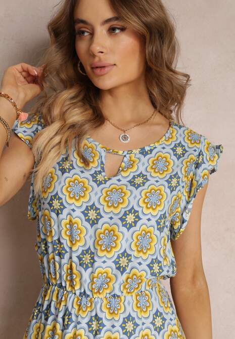 Niebiesko-Żółta Bawełniana Sukienka Mini w Mozaikowy Wzór z Gumką w Talii Fiyona