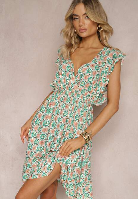 Zielona Sukienka z Gumką w Talii z Wiskozy w Abstrakcyjny Wzór Lianefa