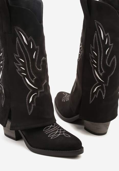 Czarne Kozaki w Stylu Kowbojek na Słupku z Haftem i Wywiniętą Cholewką Emmiste