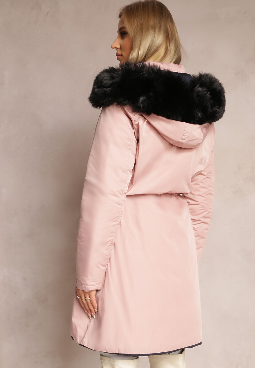 Różowa Dwustronna Kurtka ze Ściągaczem i Kapturem z Futerkiem Divya
