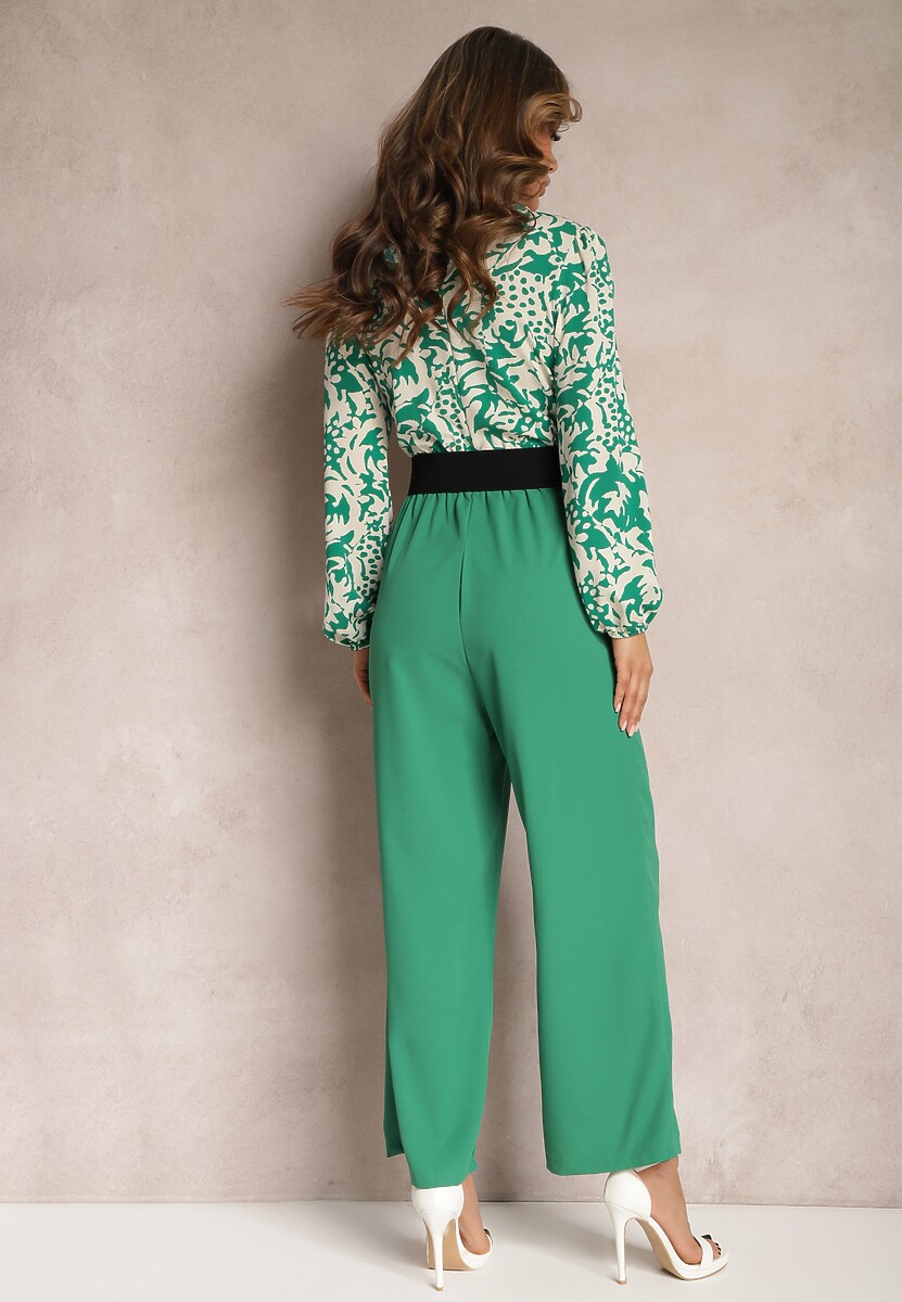 Zielono-Biały Kombinezon w Print z Paskiem i Szerokimi Nogawkami Stuvana