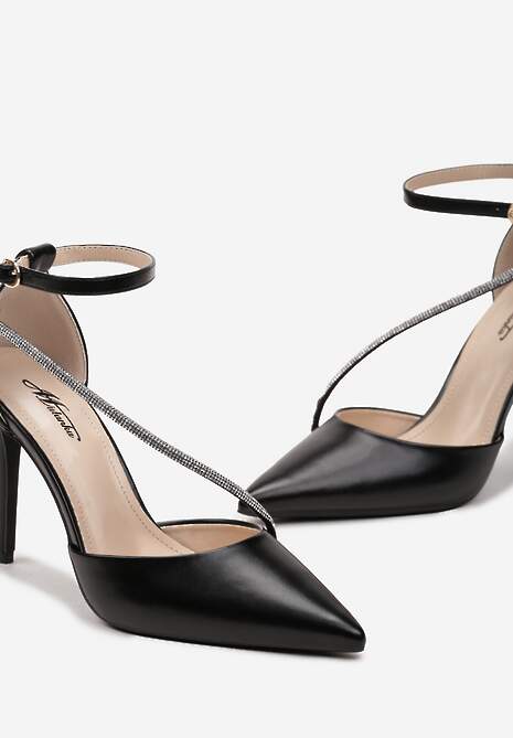 Czarne Szpilki z Cyrkoniami na Pasku i Zapięciem przy Kostce Zefiria