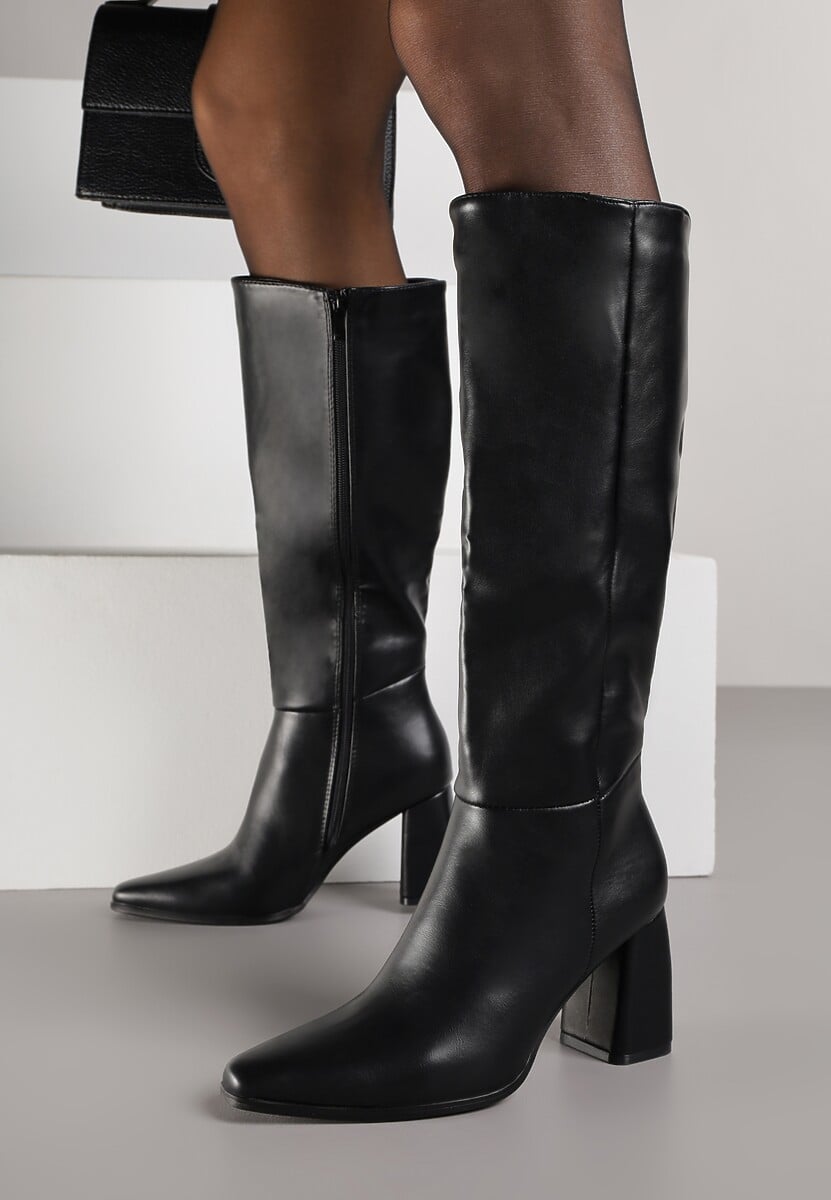 Czarne Kozaki na Obcasie Typu Stożek w Klasycznym Stylu Lanile