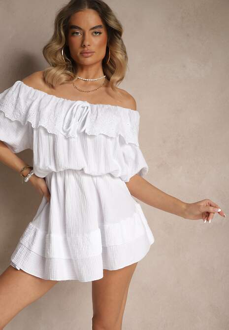 Biała Sukienka z Bawełny Ozdobiona Ażurową Falbaną Ranisse