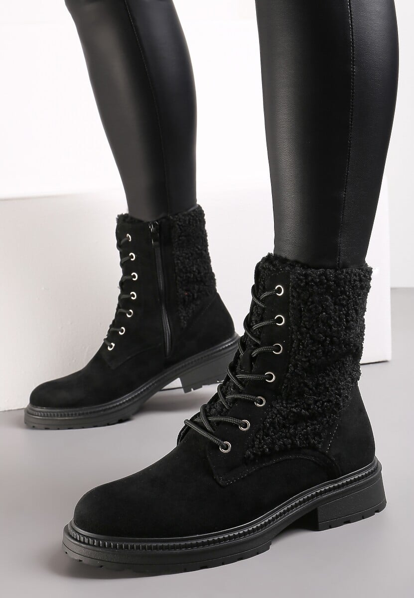 Czarne Botki Workery z Ozdobnym Futerkiem Sinuas