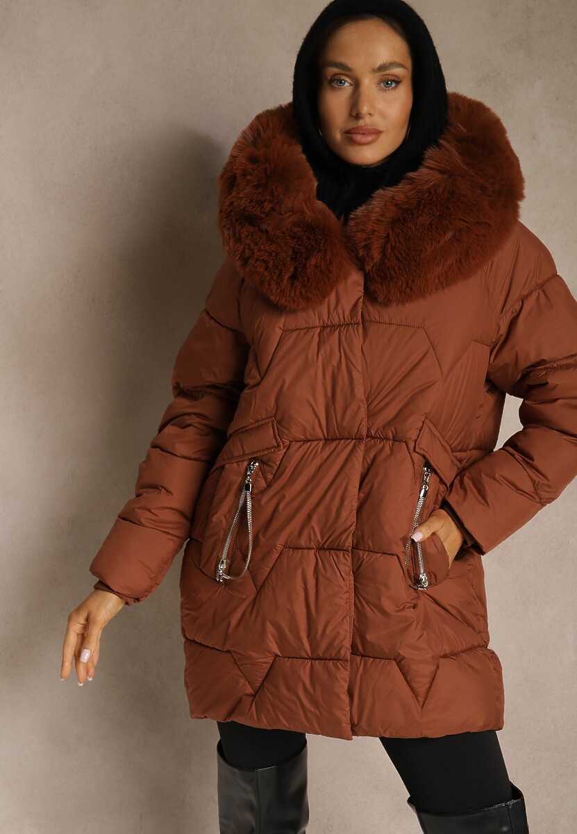 Brązowa Pudełkowa Kurtka Pikowana Ozdobiona Odpinanym Futerkiem i Suwakiem Hedizelle