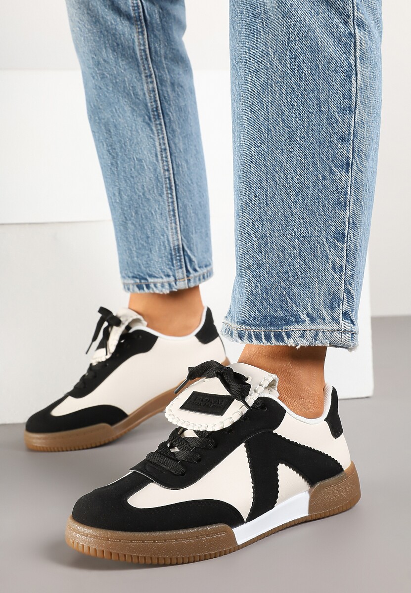 Czarno-Beżowe Sneakersy w Stylu Tenisówek z Szerokim Językiem Alarila
