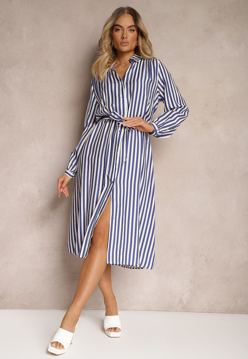 Beżowa Sukienka o Koszulowym Kroju z Materiałowym Paskiem Zapinana na Guziki Dimori