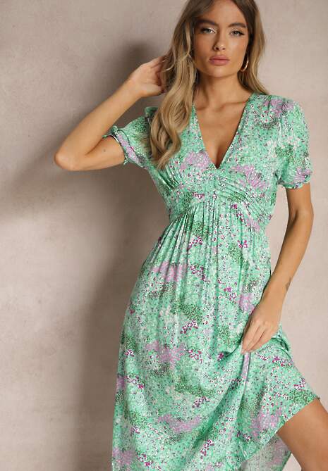 Zielona Wiskozowa Sukienka Midi z Krótkimi Rękawami i Głębokim Dekoltem Emsle