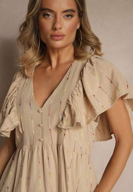 Beżowa Rozkloszowana Sukienka z Bawełny Zdobiona Falbanami Silonia