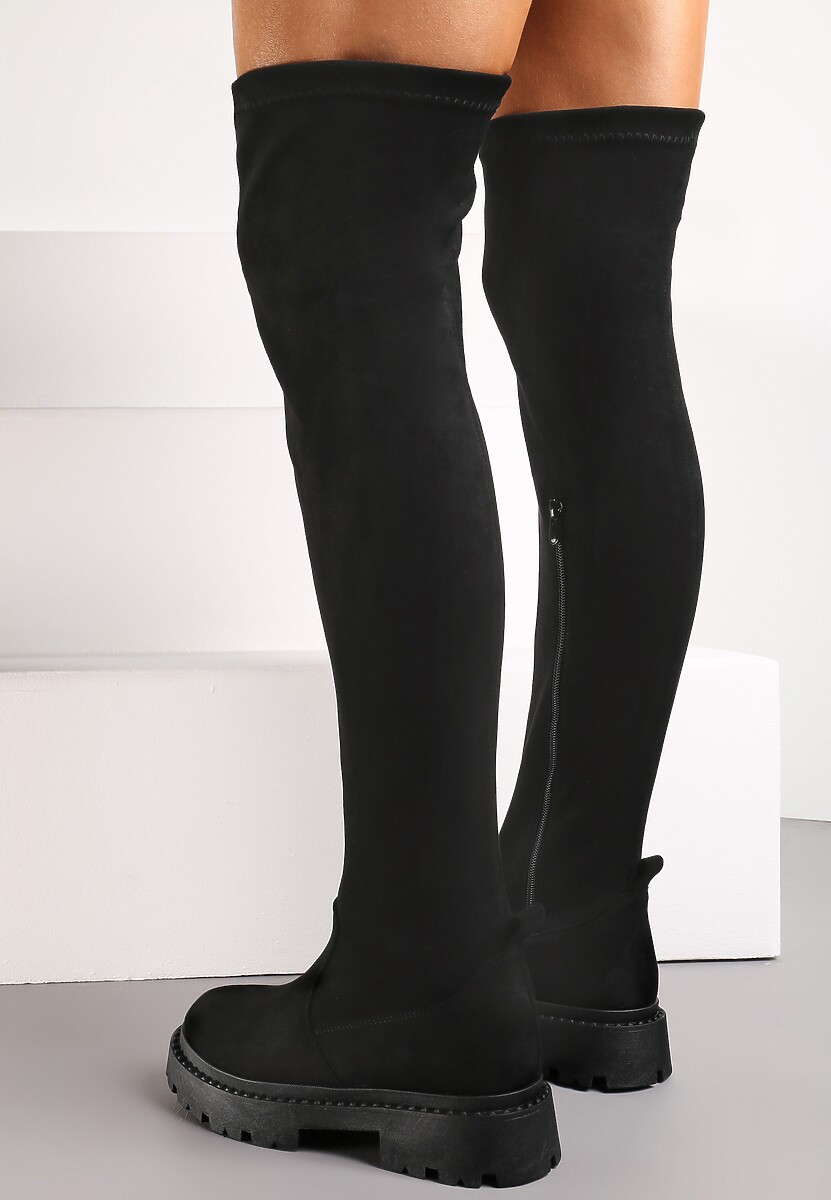 Czarne Kozaki za Kolano z imitacji Zamszu na Grubej Podeszwie Dolce