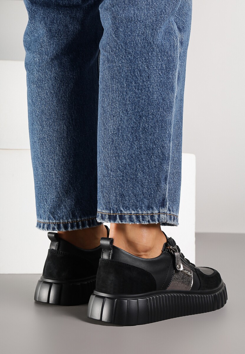 Czarne Sneakersy ze Skóry Naturalnej z Metalicznym Zdobieniem Zorentee