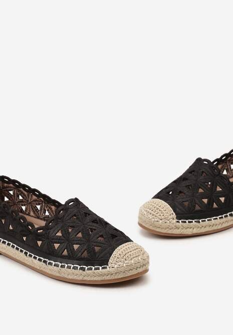 Czarne Ażurowe Espadryle na Płaskiej Plecionej Podeszwie Kueria