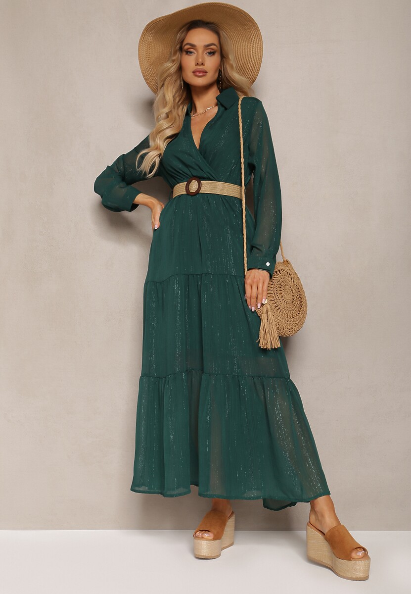 Ciemnozielona Sukienka z Kopertowym Dekoltem i Plecionym Paskiem Velo