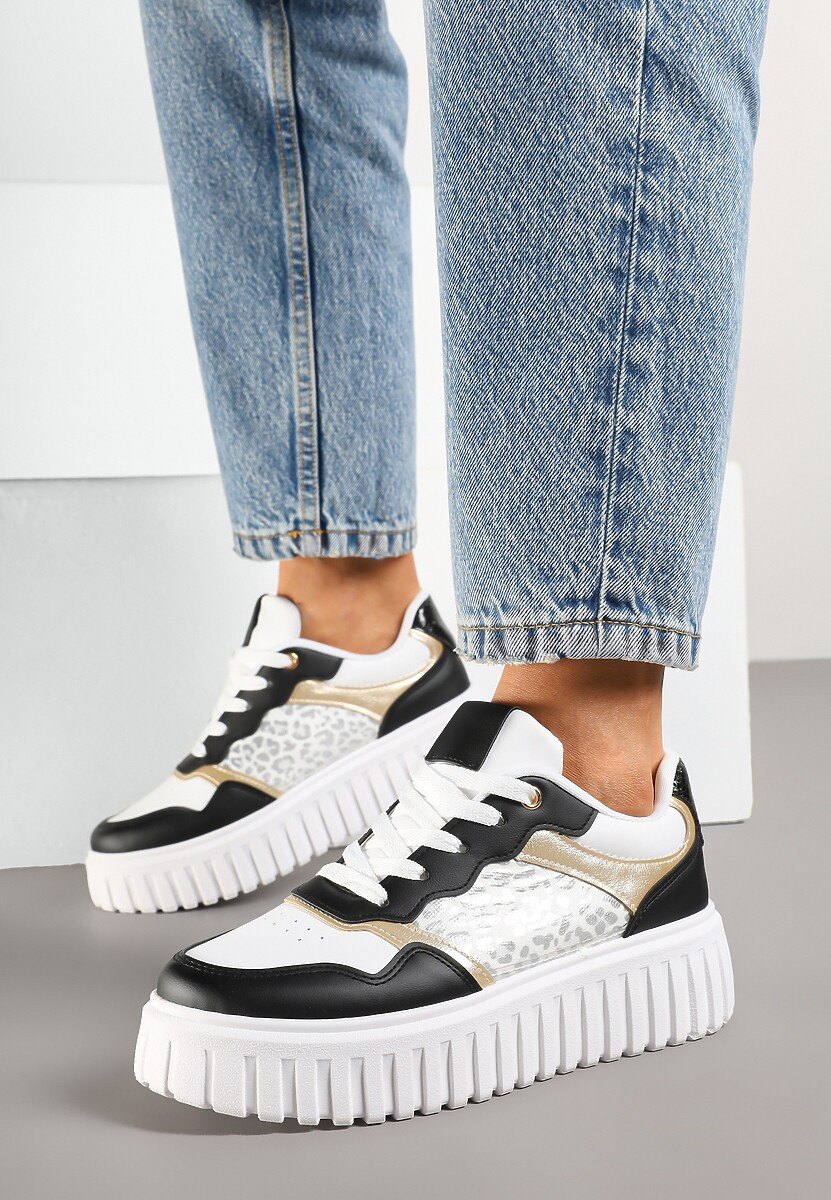 Biało-Czarne Sneakersy na Platformie z Tłoczeniem Ozdobione Panterką i Perforacją Udivaya