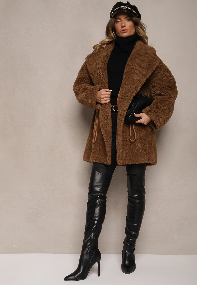 Brązowa Kurtka Futerko w Stylu Teddy Ściągane w Talii Enarithiel